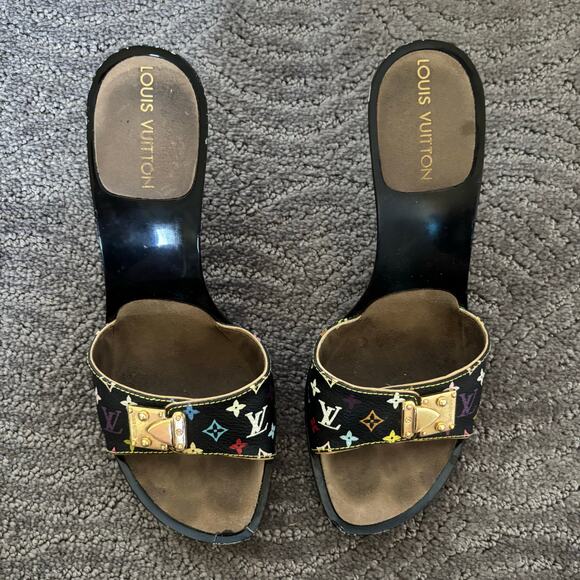 Louis Vuitton Y2K Murakami Black Multicolor LV Buckle Mule Sandals Heels EU 36.5 - Picture 3 of 14